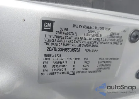 2008 Pontiac Torrent из США, поврежденный, VIN 2CKDL33F086065288